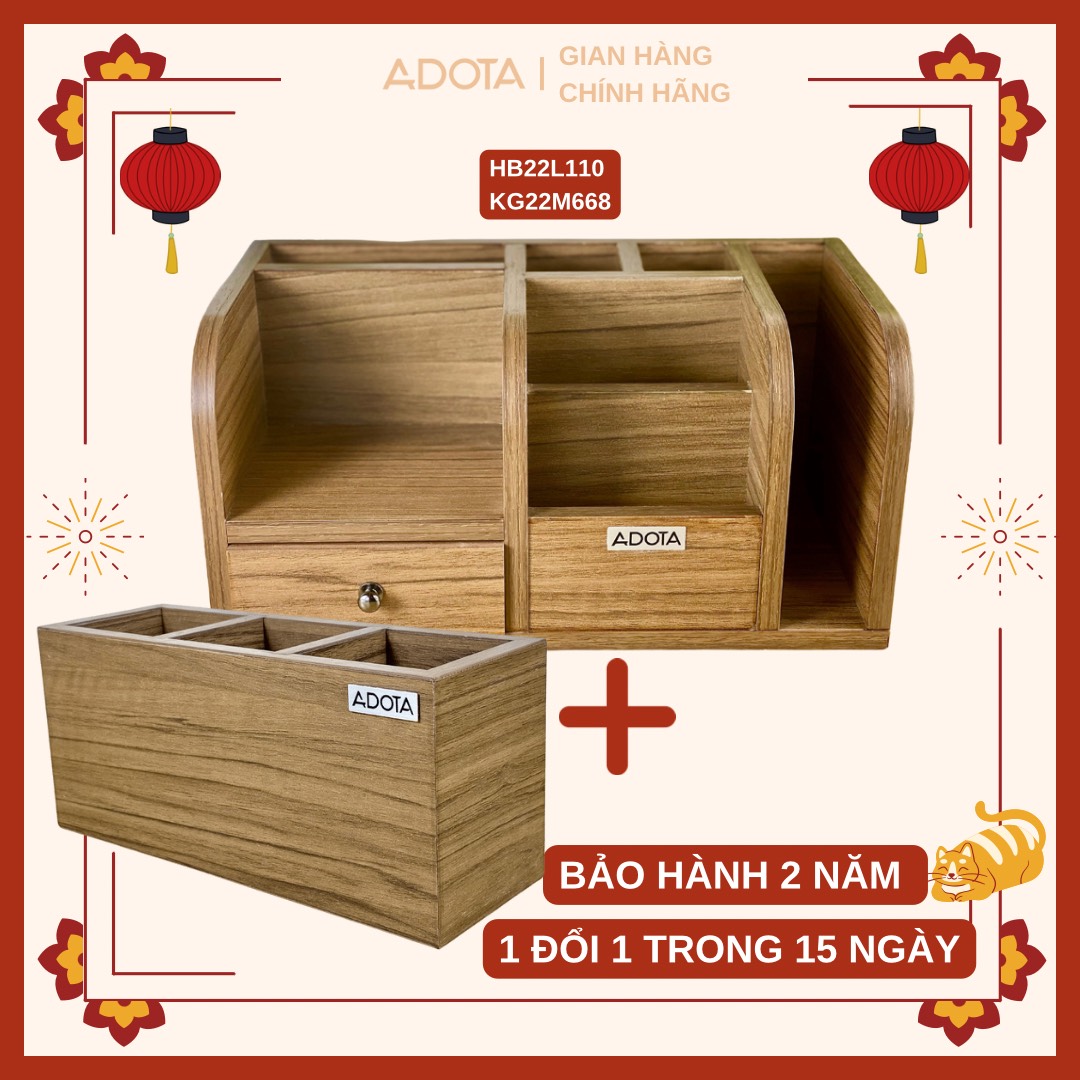 Combo kệ gỗ để bàn và hộp cắm bút ba ngăn bằng gỗ để bàn làm việc cao cấp phong cách sang trọng ADOTA