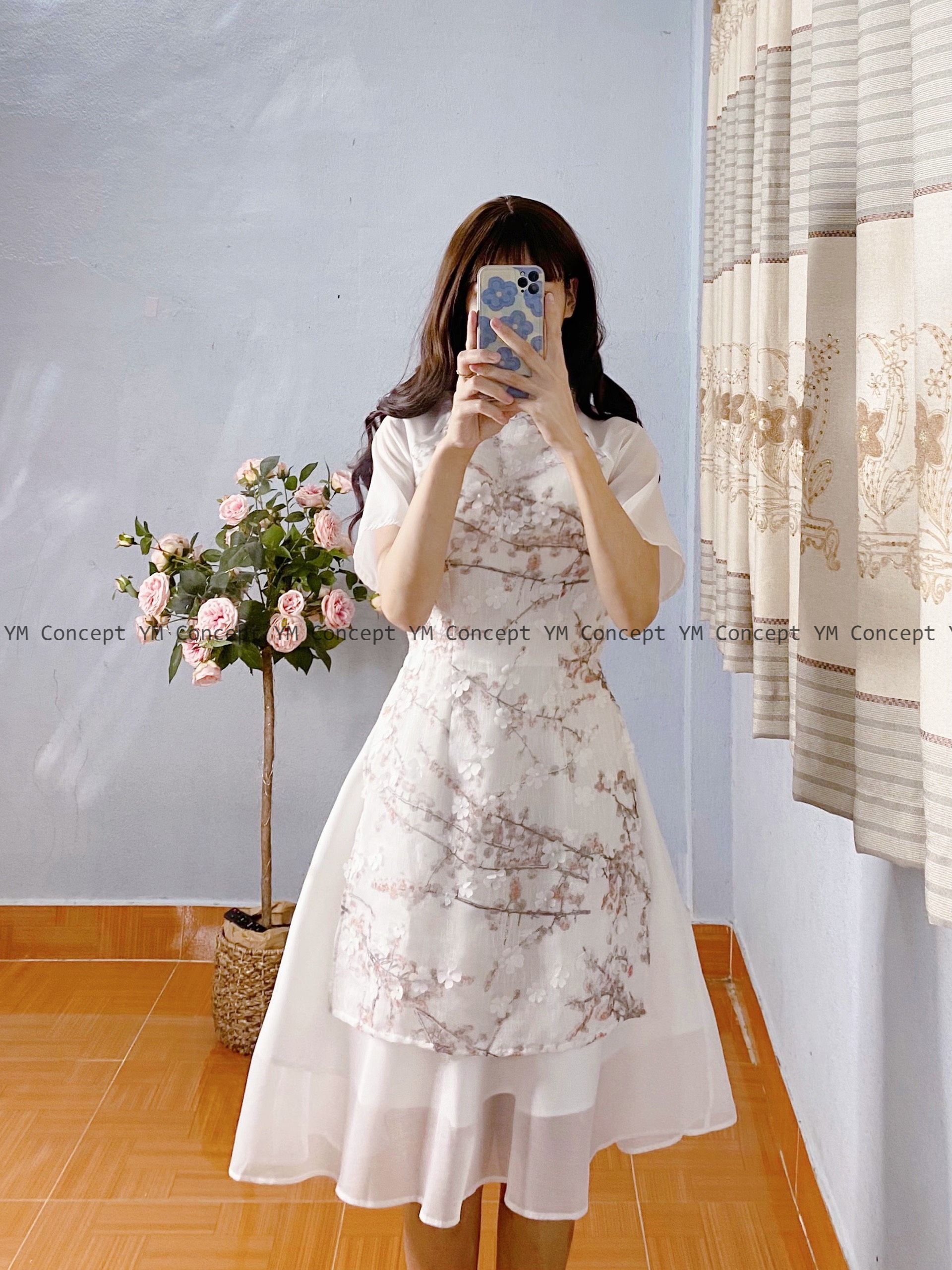 Sét áo dài hoa nổi phối voan tay lửng - D0099