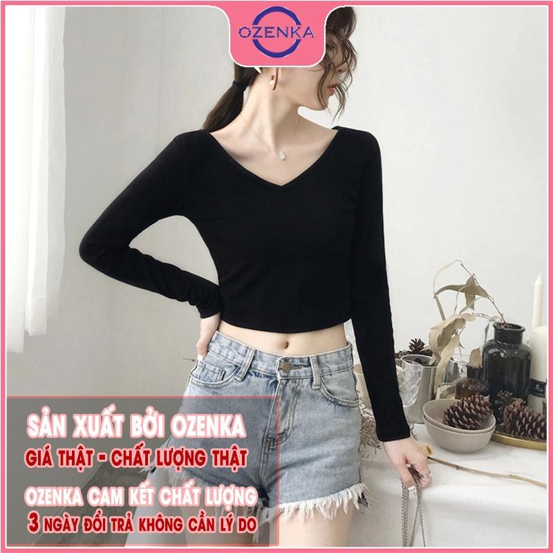 Áo croptop tay dài cổ V ôm body , ao crt mặc đi học đi chơi đẹp thun gân 100% cotton màu đen trắng free size