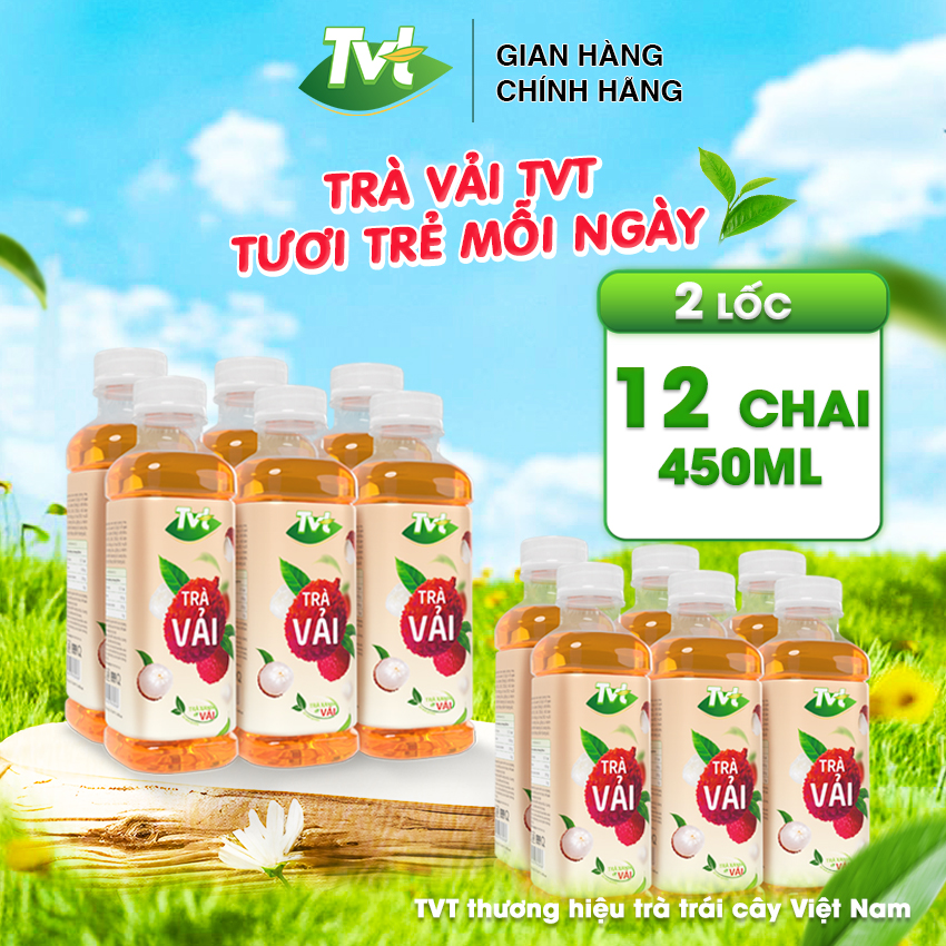 [Combo 12 chai 450ml] Trà Vải TVT - thanh mát, tự nhiên từ nước cốt vải thiều, trà xanh nguyên chất