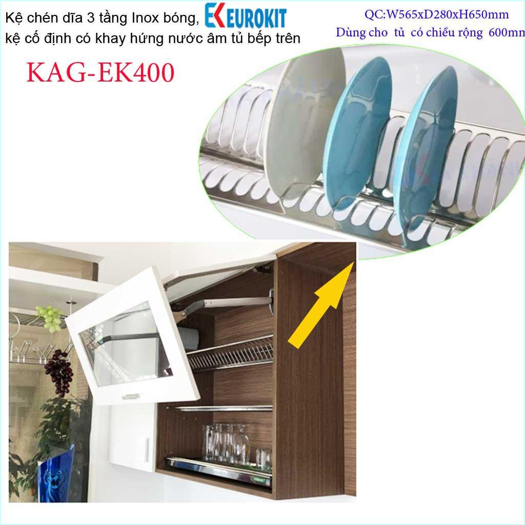 Kệ chén dĩa 3 tầng âm tủ chữ V KAG-EK400-60cm, kệ chén âm tủ Eurokit 60cm Inox bóng cao cấp