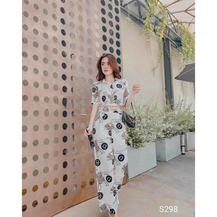 Set bộ in hình kèm quần ống rộng cài nút thật 2 màu y hình