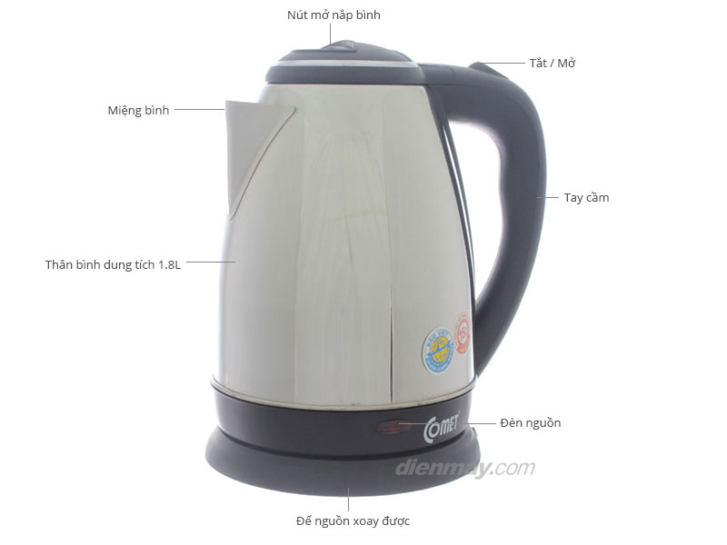 Bình đun siêu tốc Comet CM8217 – Hàng chính hãng -  Dung tích 1.8L, công suất 1500W, Inox 304 chống bỏng – Tự ngắt an toàn, thiết kế sang trọng