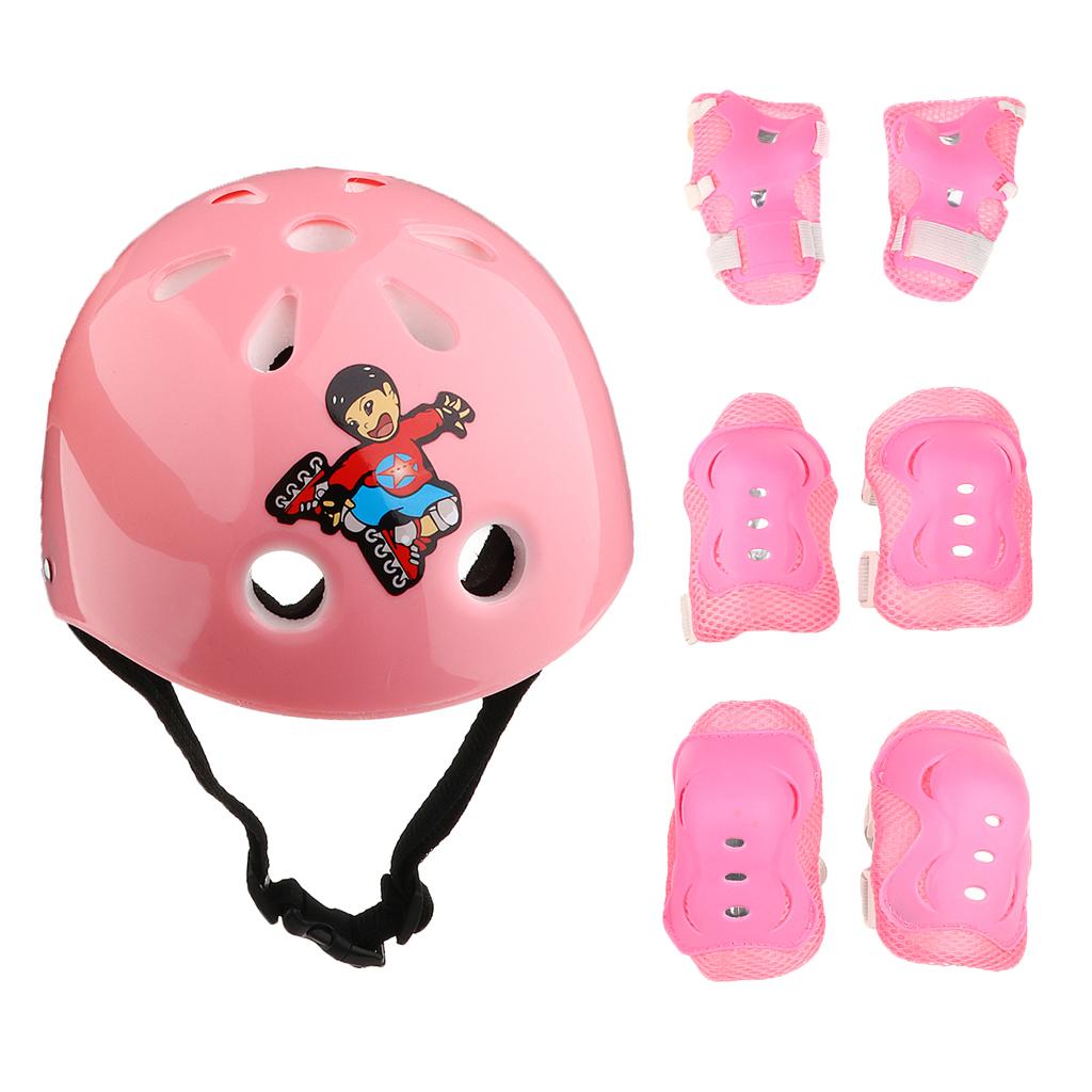 7 Pieces Kids Roller Skating Cycling Helmet Knee Elbow Pad Wrist Guard Sets Pink