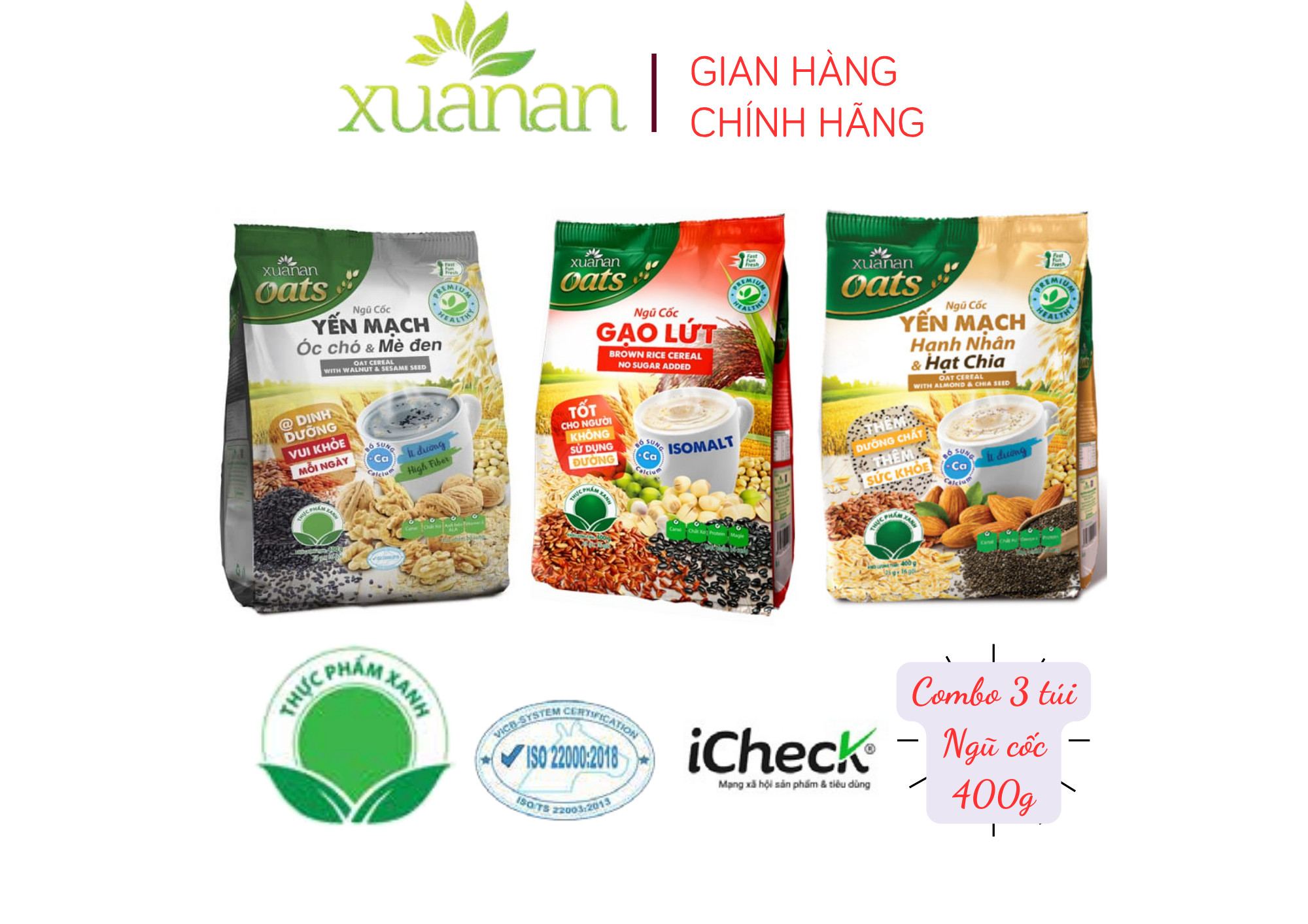 Combo Ngũ Cốc Óc Chó Mè Đen+Gạo Lức No Sugar+Yến Mạch Hạnh Nhân