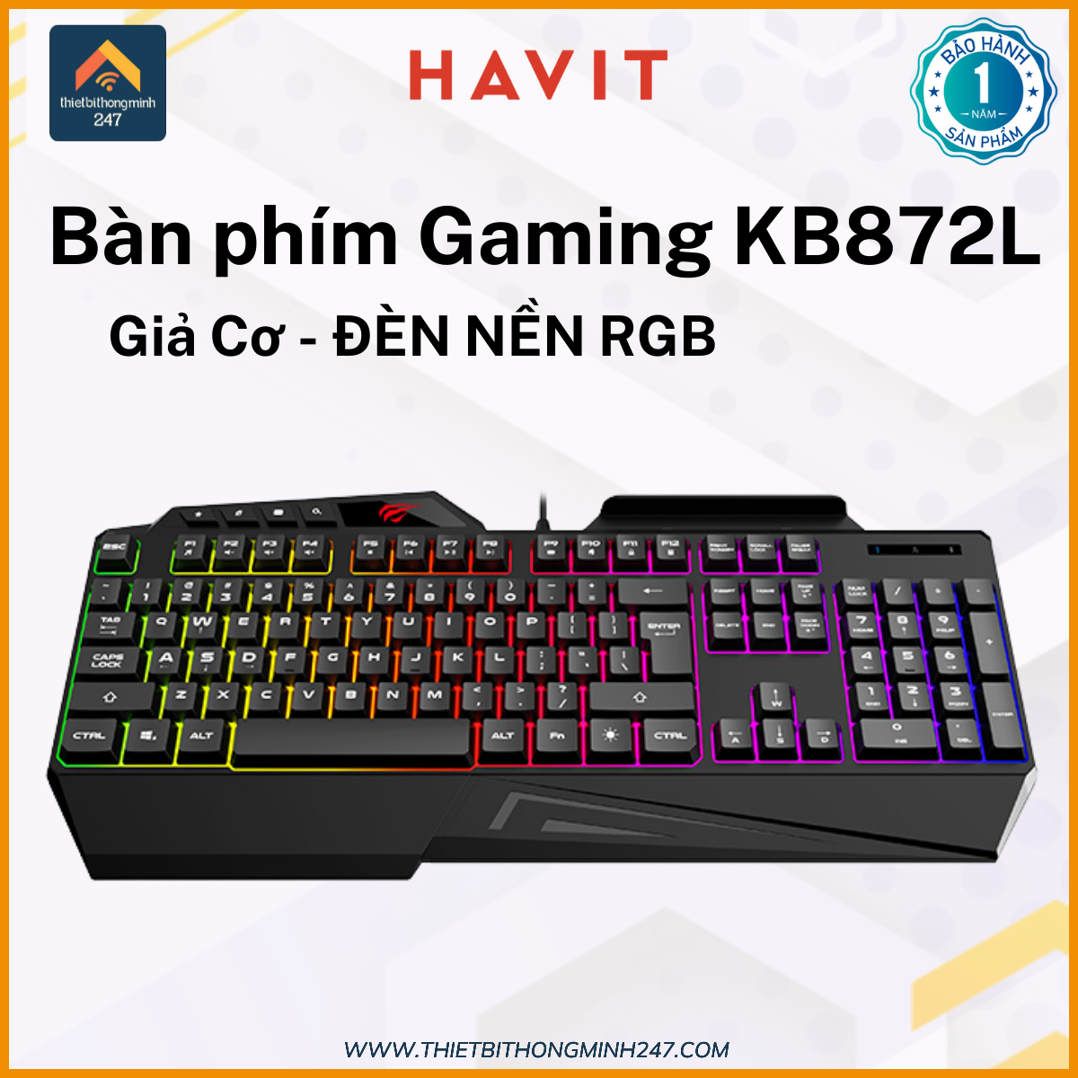 Bàn phím Gaming có dây HAVIT GAMENOTE KB488L đèn nền LED RGB Full-size 108 phím Cổng USB dài 1.5m Đen Hàng Chính Hãng