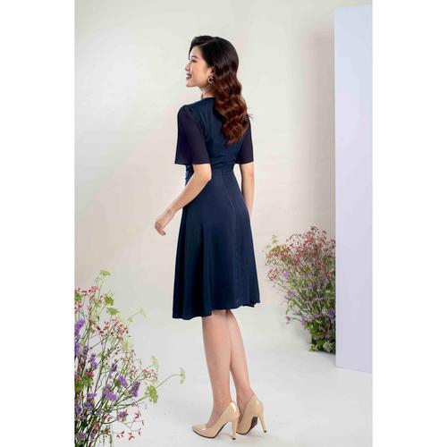 Đầm dáng A Tay cộc nhún, Phối Đai tròn eo MMOutfit D11201413