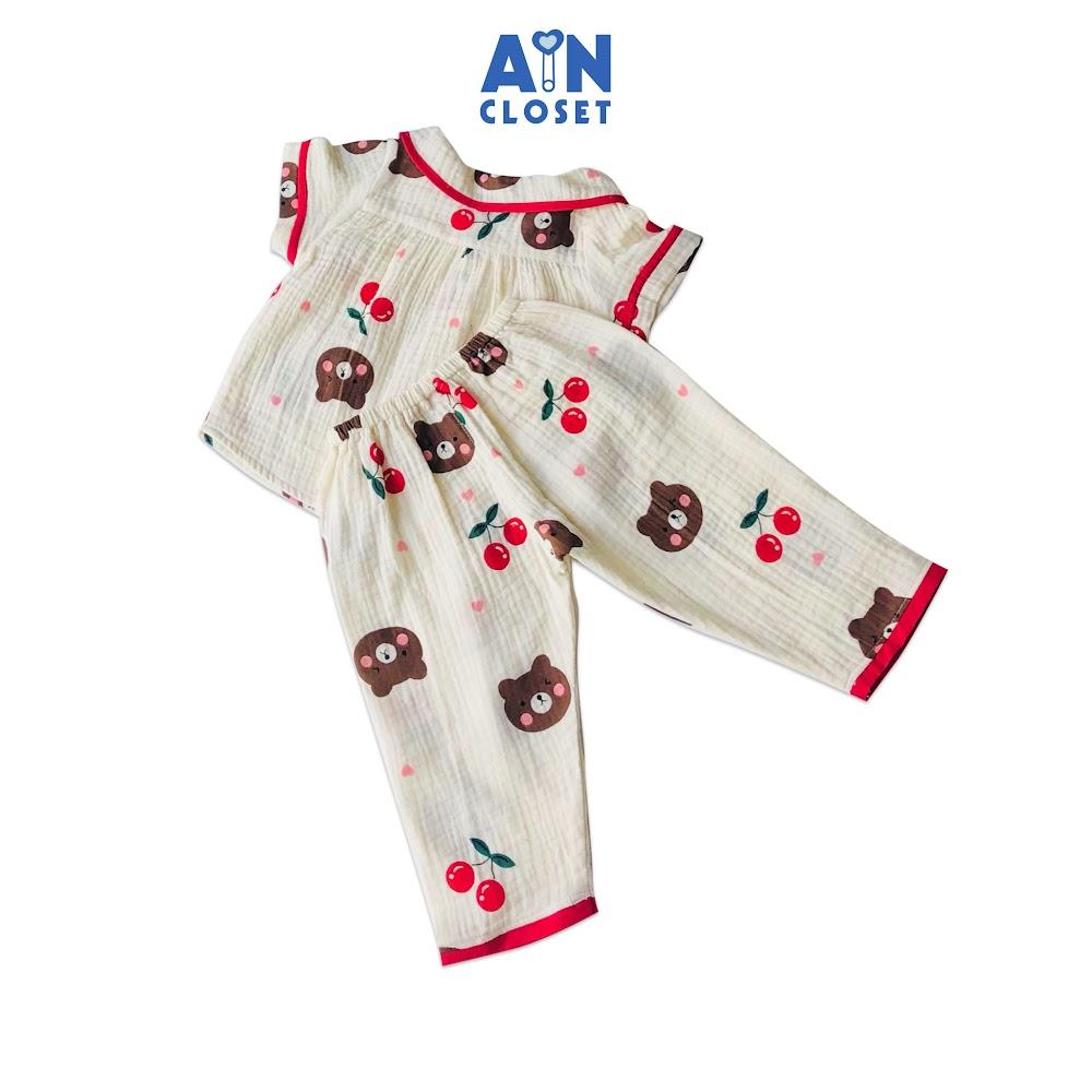 Bộ quần dài áo tay ngắn bé gái họa tiết Cherry Gấu xô muslin - AICDBG6GEAYS - AIN Closet