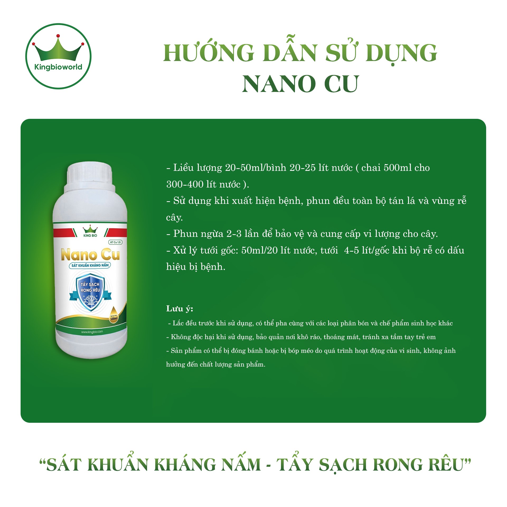 King Nano Cu - Phân bón vi lượng, Tẩy sạch rong rêu, Diệt khuẩn trừ nấm hại cây trồng