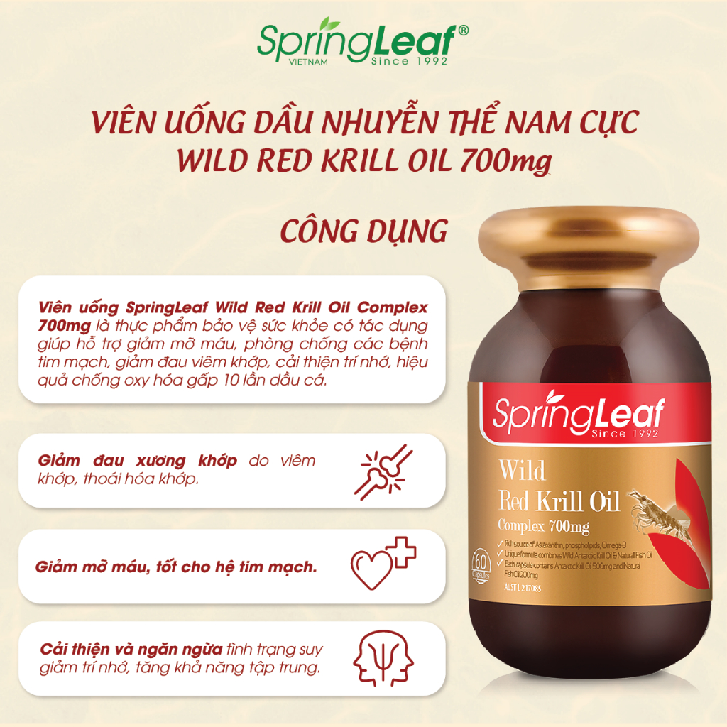 Viên uống dầu nhuyễn thể SpringLeaf Wild Red Krill Oil Complex 700mg 60 viên Giúp giảm viêm, đau xương khớp, thoái hóa khớp