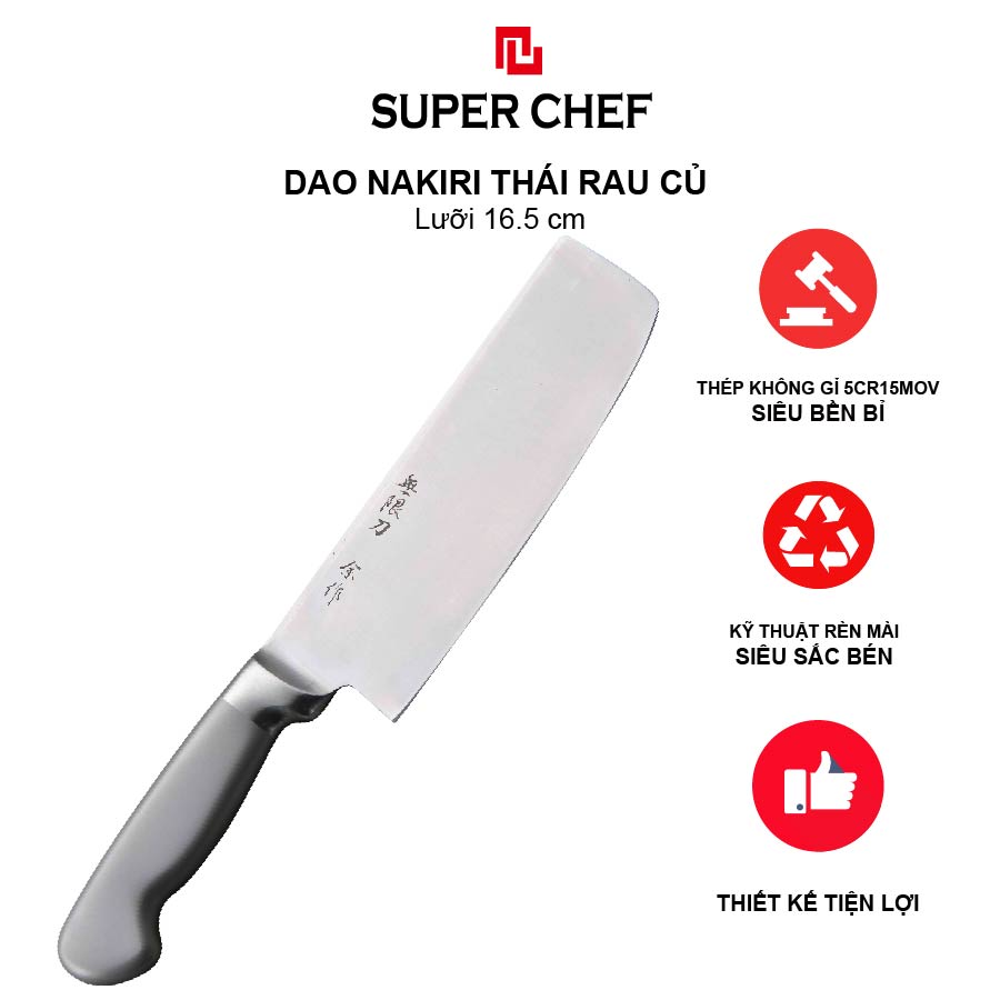 Dao Thái Rau Củ Quả Thép Rỗng Chính Hãng Super Chef Chuẩn Dao Nakiri Nhật Cao Cấp Siêu Sắc Bén, Lâu Cùng Bằng Thép Không Gỉ, Không Ăn Mòn An Toàn Sức Khỏe, Siêu Tiện Lợi ( Lưỡi dài 16.5cm)