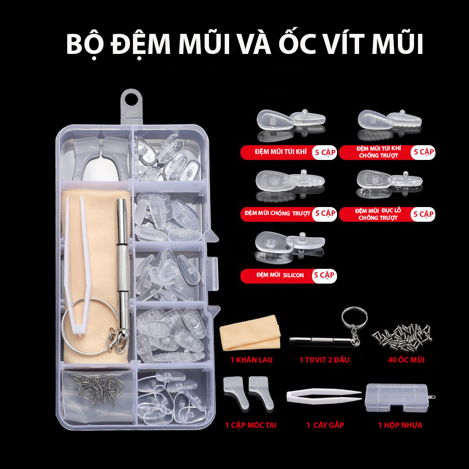 Hộp Full Set 5 Loại Đệm Mũi , Ốc Vít, Gài Tai, Khăn Lau, Tô Vít Mini 2 Đầu - BLUE LIGHT