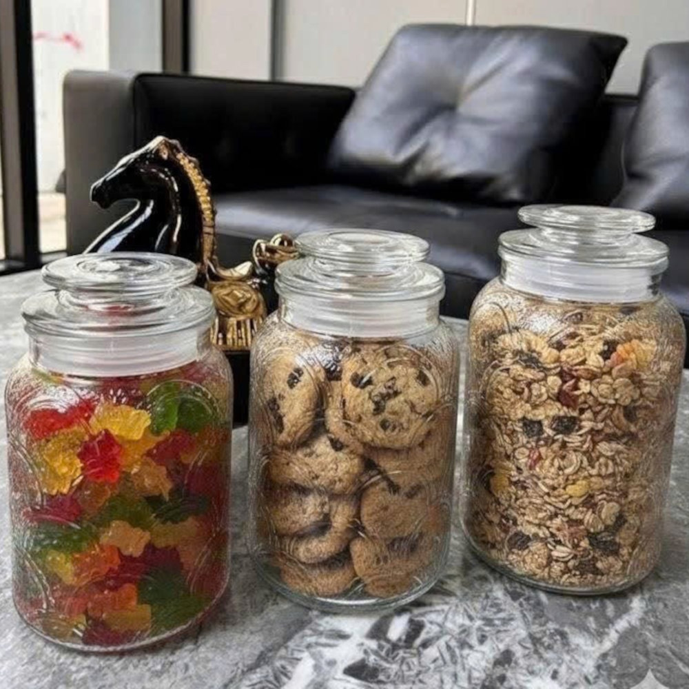 Bộ 3 Hũ Thủy Tinh Đựng Thực Phẩm Lê Bên Làng LBL1210, Nắp Kín, Hoa Văn, Dung Tích 1L, 1.3L, 1.5L