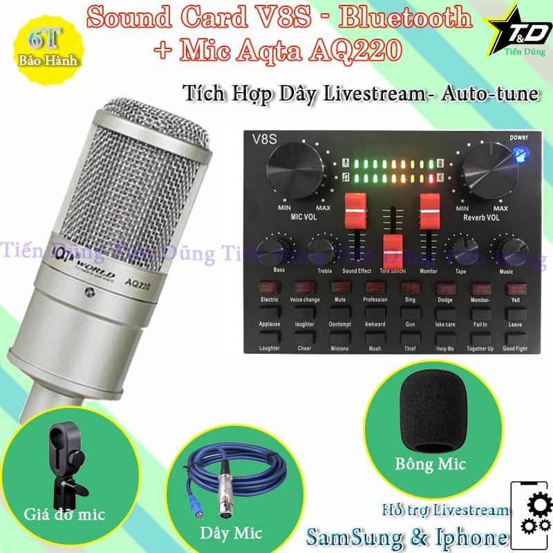 Mic Thu Âm Aqta AQ220 và Sound Card V8S Auto-tune, Bluetooth, 8 Chế Độ Chỉnh Âm- Trọn Bộ Mic Livestream đã Có Thể Ghi Âm