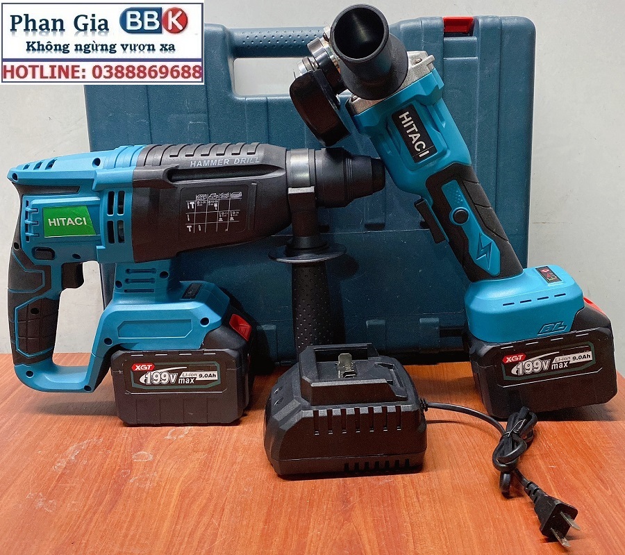 Bộ Combo 2 Máy Gồm Máy Khoan Đục Bê Tông Và Máy Cắt, Máy Mài Cầm Tay Dùng Pin 15 Cell 199V Lõi Đồng - Động Cơ Không Than