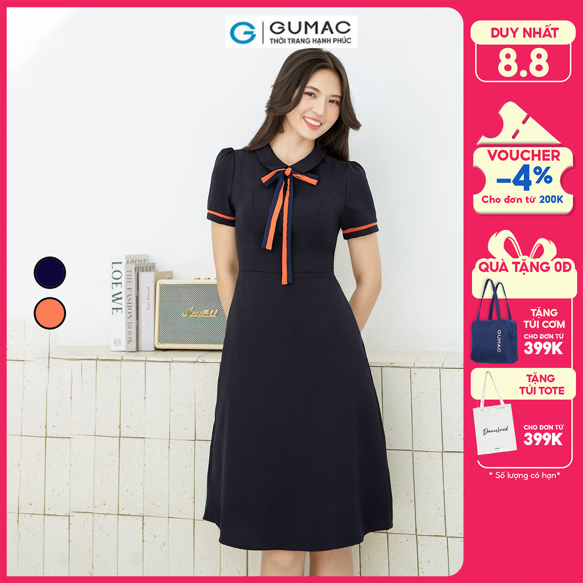 Đầm A nẹp tay phối thời trang GUMAC LDD0805