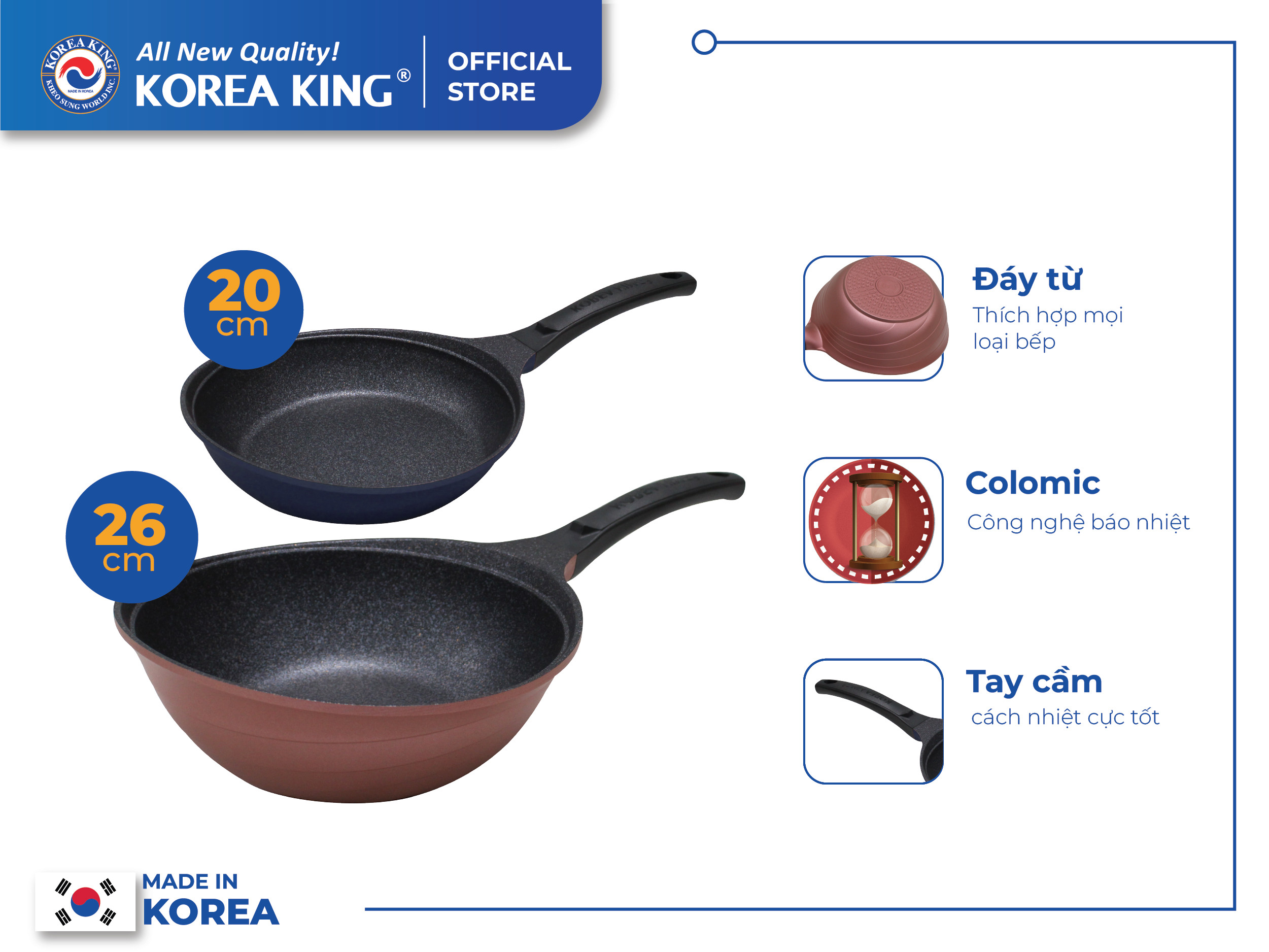 Combo 2 chảo sâu, cạn Colormic Korea King (1 chảo cạn 20cm và 1 chảo sâu 26cm)-Hàng chính hãng