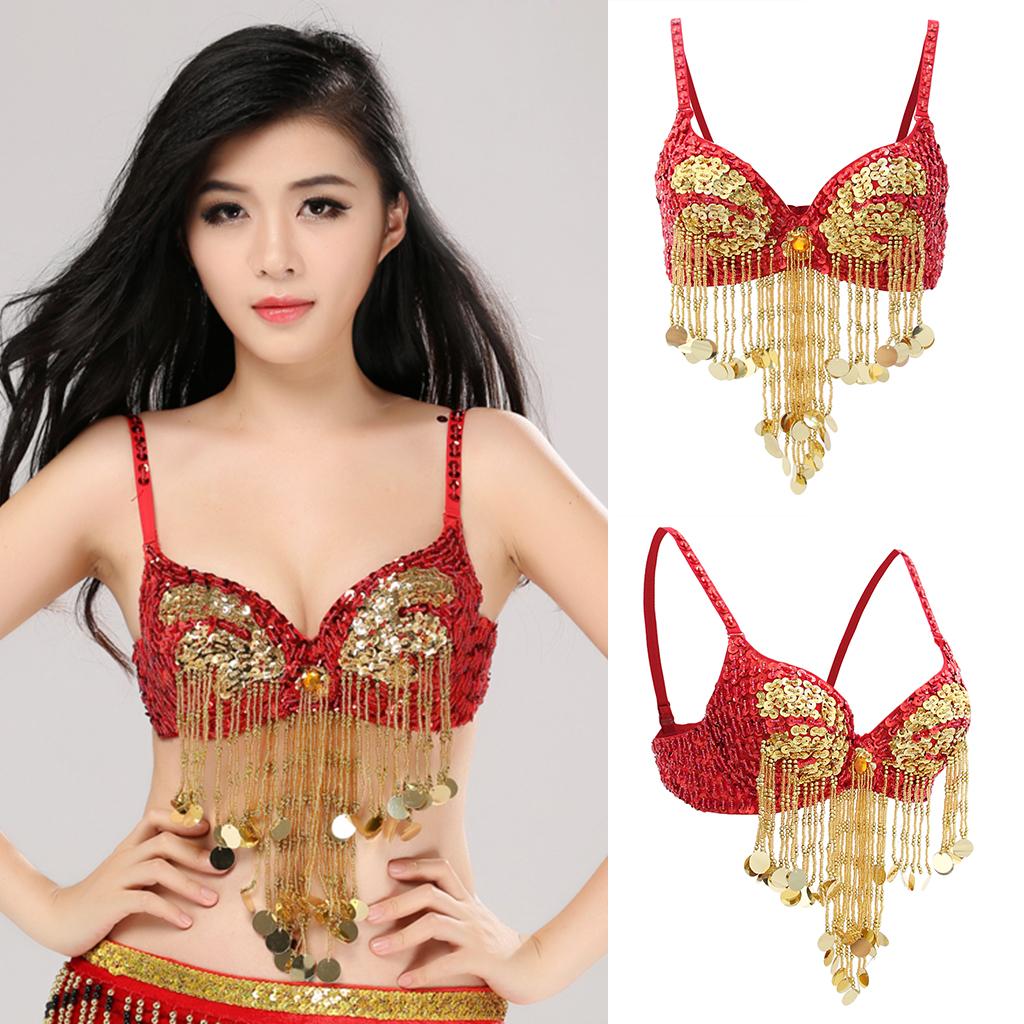 Womens Sparkling Sequins Tassels Bra Top Raves Belly Dance Holiday Indian Dancer Costume Club Wear
