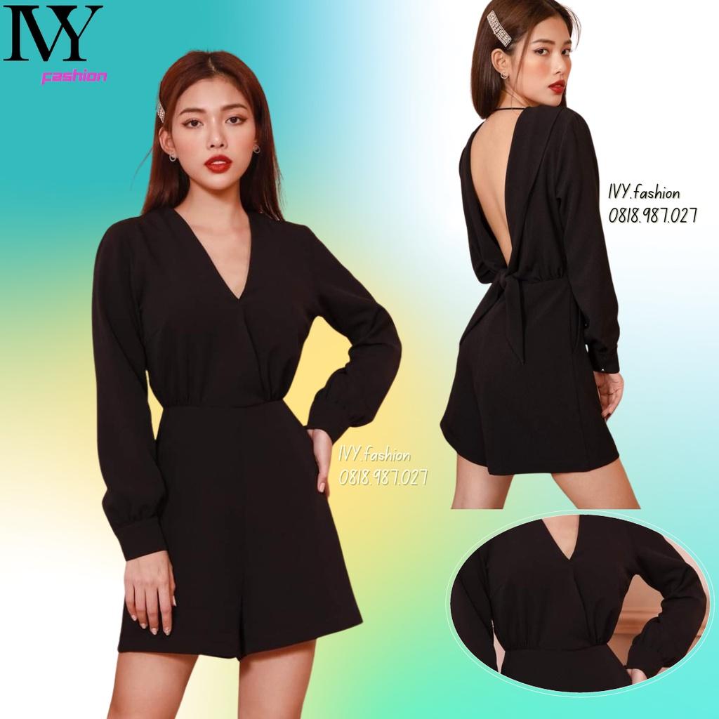 Jumpsuit đen tay dài cotton cao cấp hở lưng cổ V xoè chữ A ivy.fashion đi biển dự tiệc dạo phố bigsize gợi cảm sexy