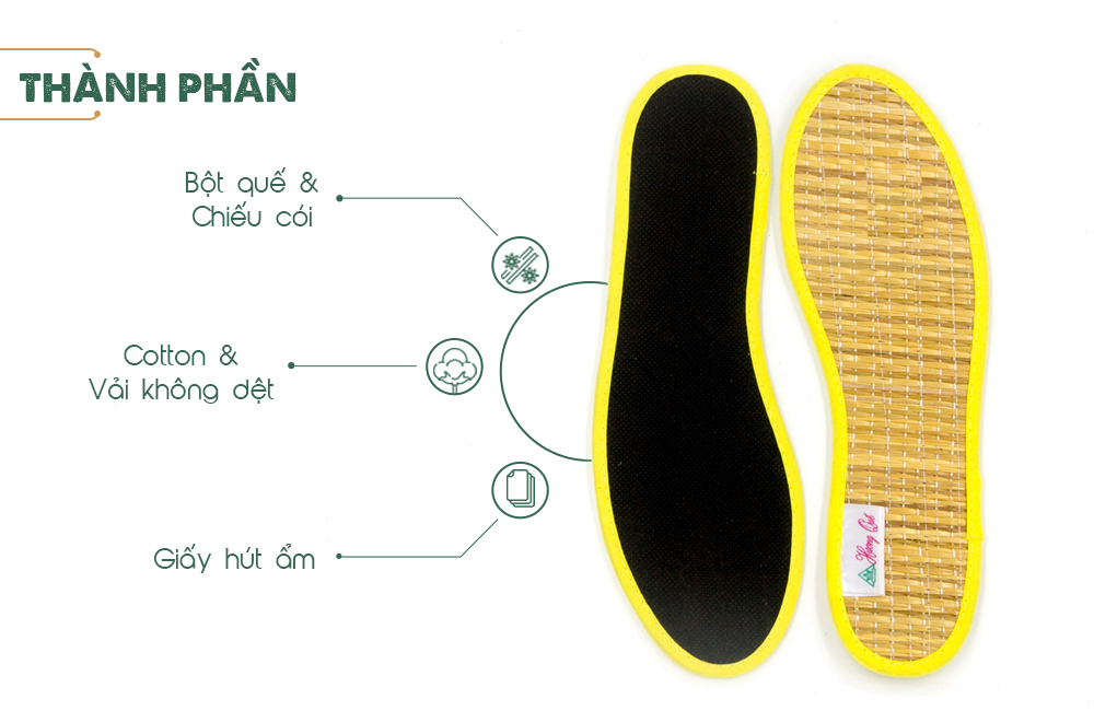 Lót giày chiếu viềng vàng Hương Quế CI-11 dệt từ chiếu cói - vải cotton - bột quế giúp êm chân - khử mùi và cải thiện sức khoẻ