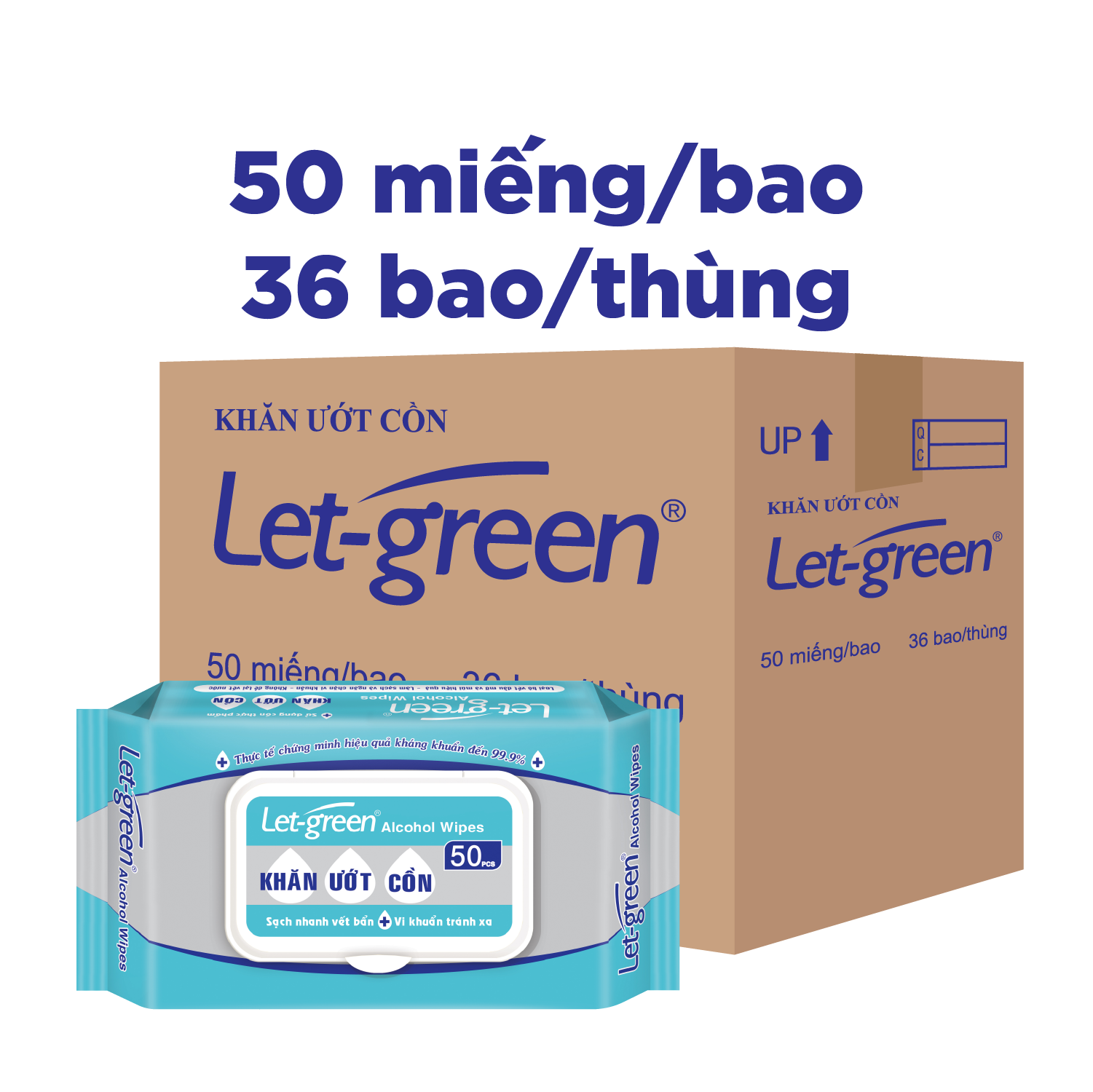 Thùng 36 Bao Khăn Ướt Cồn Let-green 50 Miếng/Gói