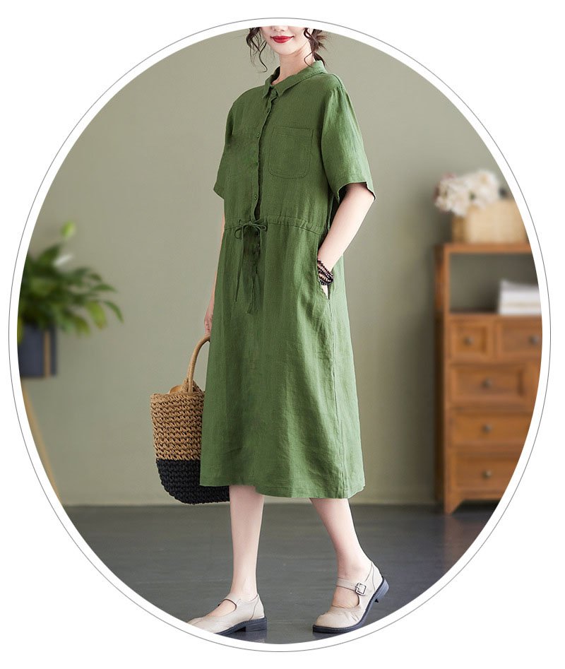 Đầm váy sơ mi nữ ngắn tay, Váy linen midi cổ sơ mi suông trơn có túi hông, thiết kế cơ bản trẻ trung cho nữ Đũi Việt