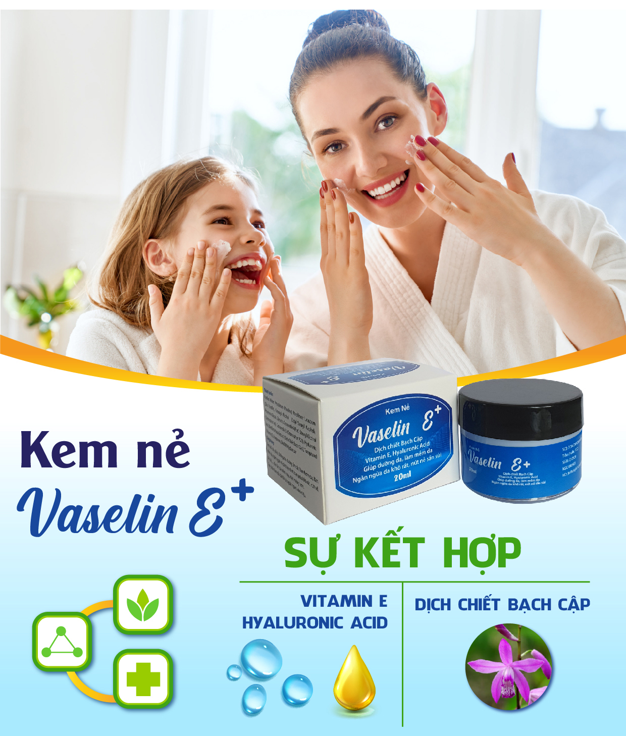 Kem dưỡng da chống nẻ Vaselin E+ . Tăng độ đàn hồi, giảm thiểu các nếp nhăn. Siêu giữ ẩm, tái tạo da. Dễ rửa trôi không bết dính. Hộp x 20ml