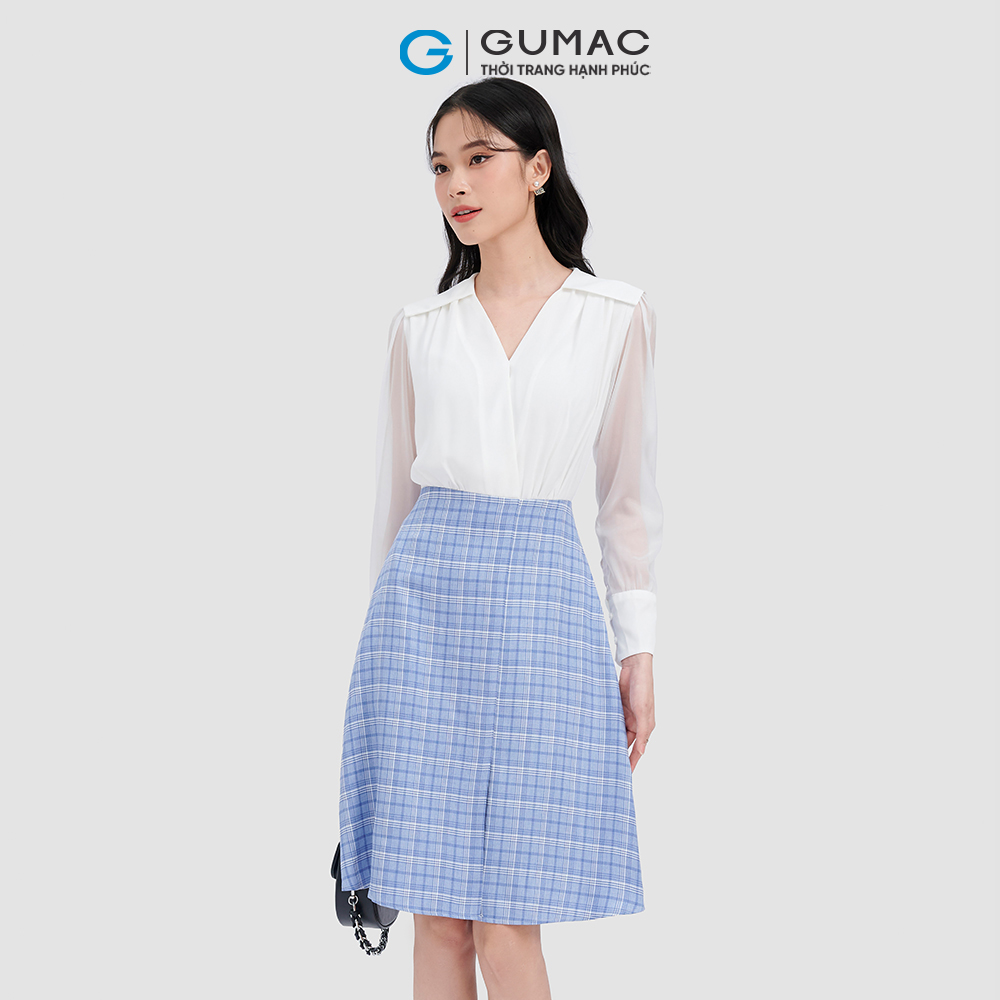 Đầm form A GUMAC DC10001 nhún vai phối caro trẻ trung