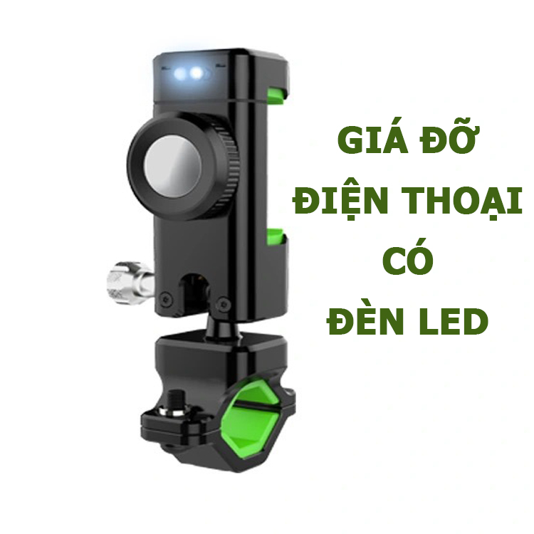 Giá Đỡ Kẹp Điện Thoại Trên Xe Đạp, Xe Máy Phân Khối Lớn; Đèn Led 3 Chế Độ Sáng, Nhiều Góc Xoay Linh Hoạt - Hàng Nhập Khẩu