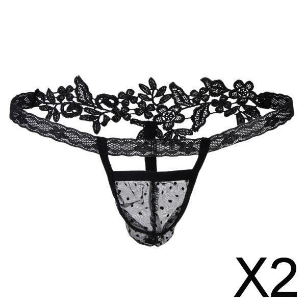 2xMen Sheer Mesh Lace Bulge Pouch T-back Thong Brief G-string Underwear Black