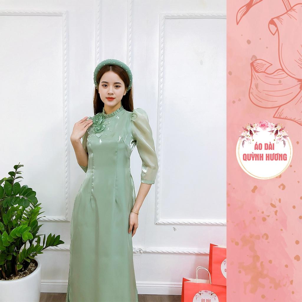 Áo dài voan tơ tay bồng lỡ cổ xếp đính hoa 3D màu xanh mint
