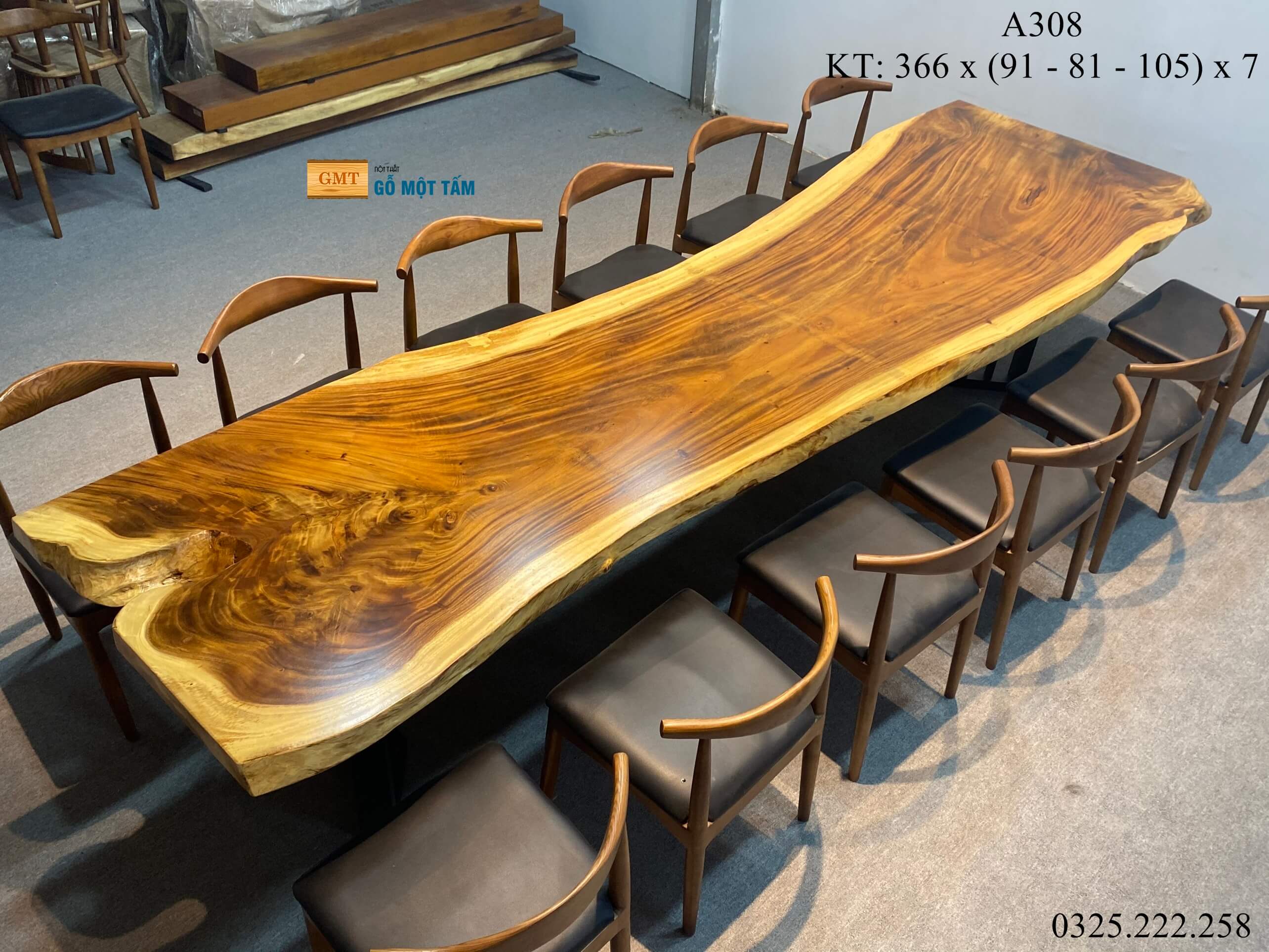 Bàn Cafe Gỗ Me Tây, Bàn Sân Vườn Gỗ Me Tây, Bàn Gỗ Me Tây Nguyên Tấm Dài 3,66m Rộng 1,05m Dày 7cm