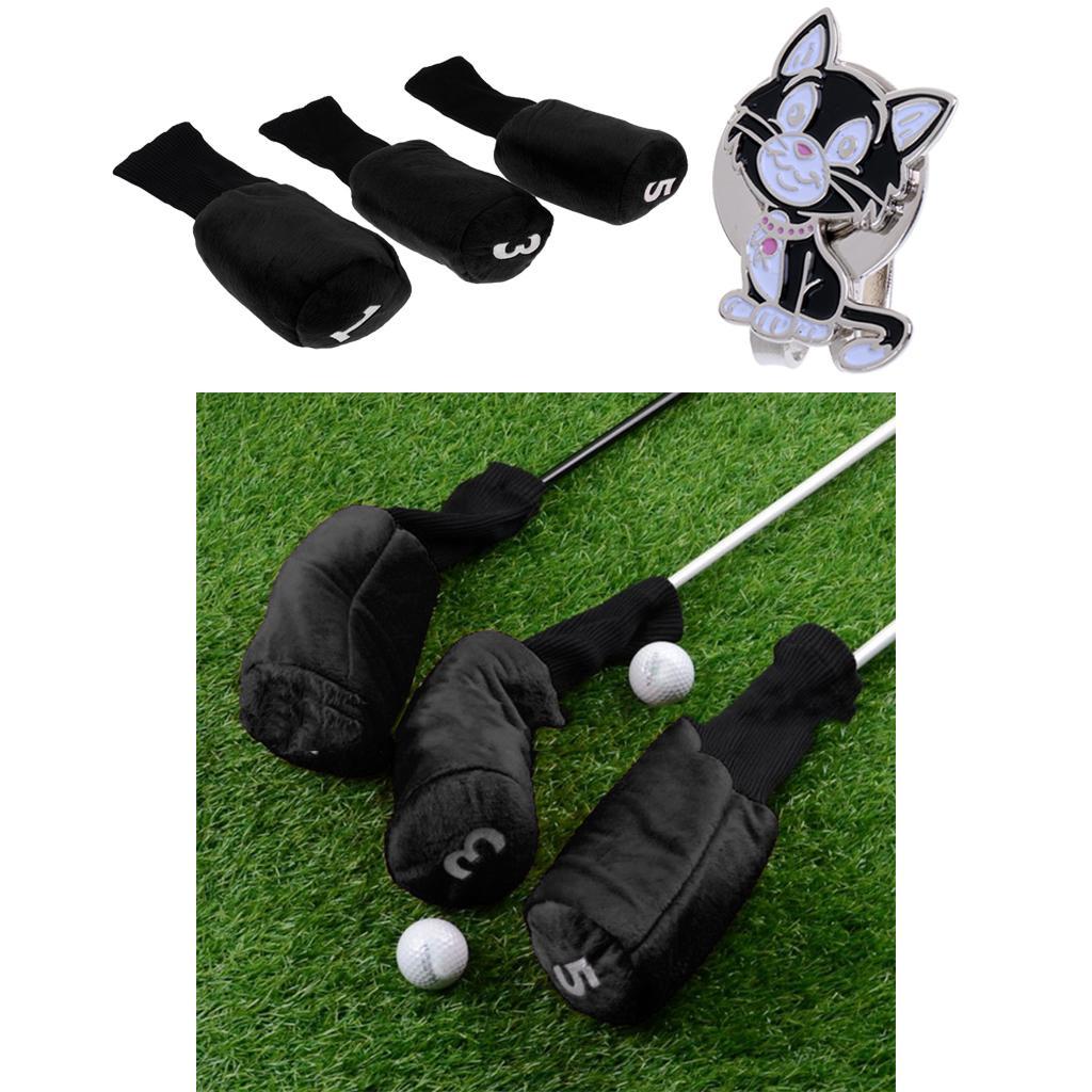 3pcs Golf Driver Wood Head Cover Long Neck Headcover & Ball Marker with Magnetic Hat Clip