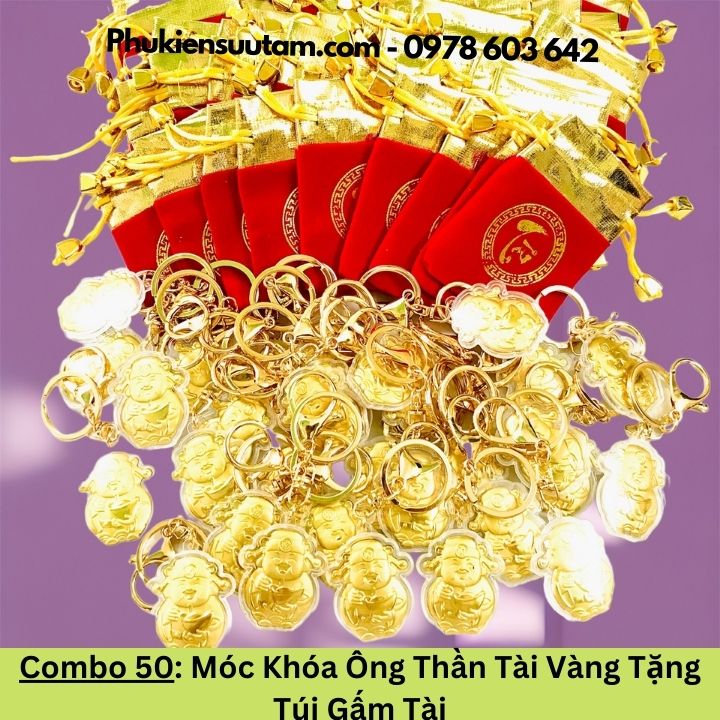 Combo 50 Móc Khóa Ông Thần Tài Vàng Tặng Túi Gấm Tài, kích thước: 4cmx3.5cm, màu vàng - SP005959