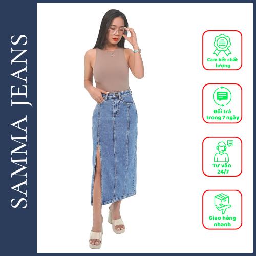 Chân Váy Jean Dáng Dài Xẻ Sườn V1_Váy bò dài Xẻ Tà Màu Xanh Nhạt siêu hot trens, chĩnh hãng Samma Jeans