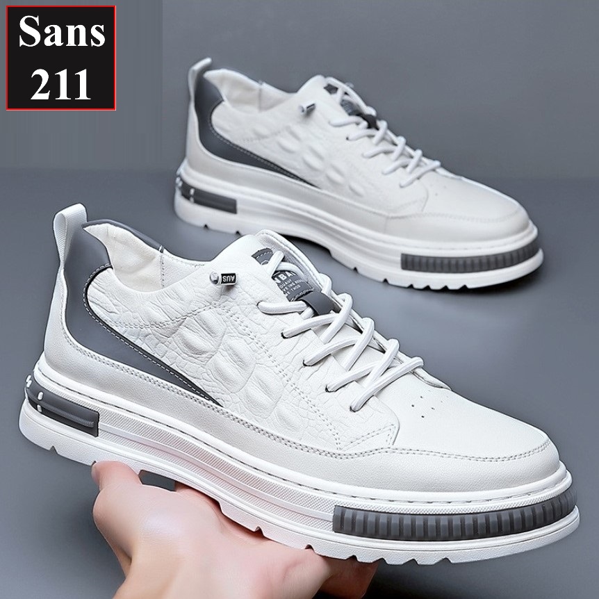 Giày thể thao nam độn đế 6cm Sans211 sneaker da bò thật tăng chiều cao đẹp màu trắng có size nhỏ 37 vân cá sấu full box