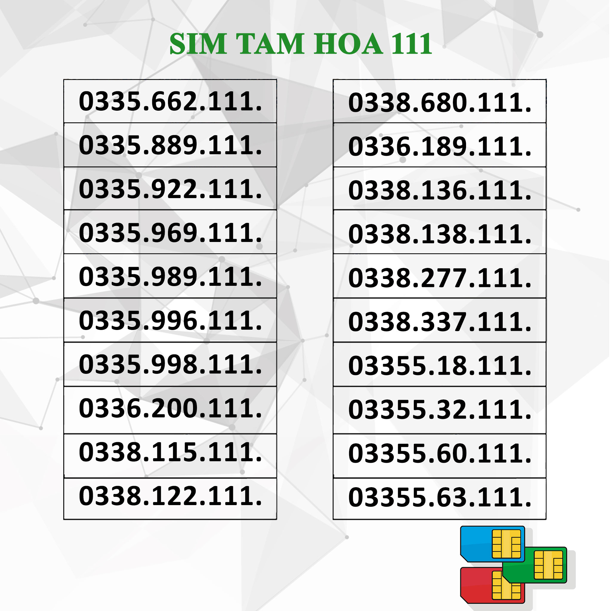 Sim Số Đẹp VIETTEL Tam Hoa 111 - HỖ TRỢ ĐĂNG KÝ CHÍNH CHỦ - HÀNG CHÍNH HÃNG