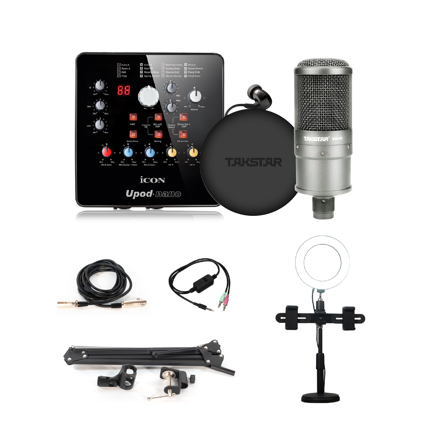 Combo trọn bộ mic thu âm, livestream, hát karaoke online chính hãng Takstar , Micro SM-8B, Icon Upod Nano, Tai nghe Ts-2260 và đầy đủ phụ kiện