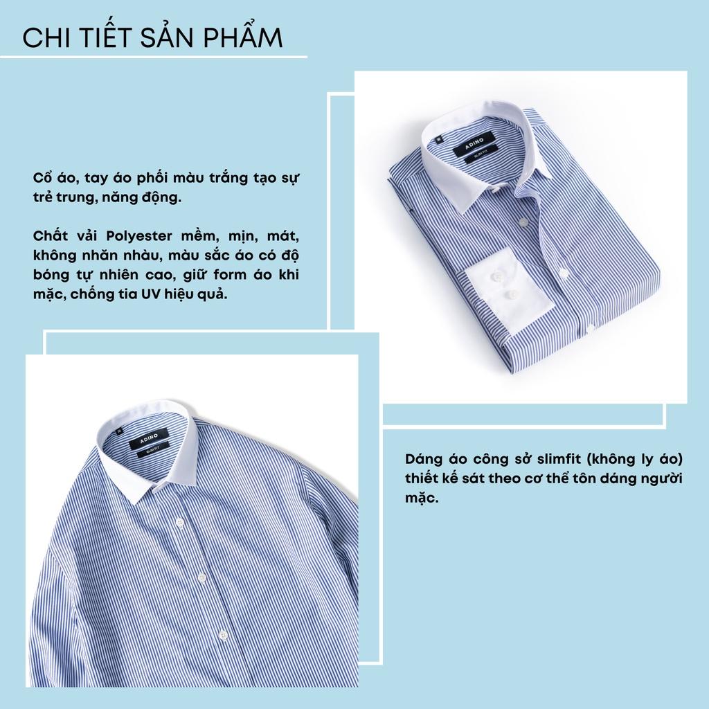 Áo sơ mi nam kẻ sọc màu xanh biển phối cổ trắng ADINO vải sợi sồi modal polyester mềm mịn dáng công sở slim hơi ôm SM11