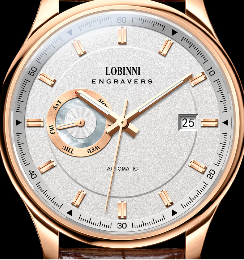Đồng hồ nam chính hãng Lobinni No.17017-2 BH 24T, Kính sapphire nguyên khối chống xước, chống nước 50m, dây da cao cấp