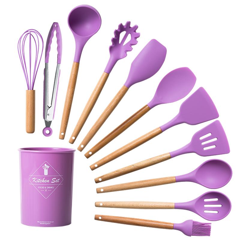Mới Màu Tím Lưu Trữ Xô Silicone Bộ Đồ Dùng Nhà Bếp Tay Cầm Bằng Gỗ Không Dính Thìa Đũa Dụng Cụ Nhà Bếp Nấu Ăn Dụng Cụ Hộ Gia Đình