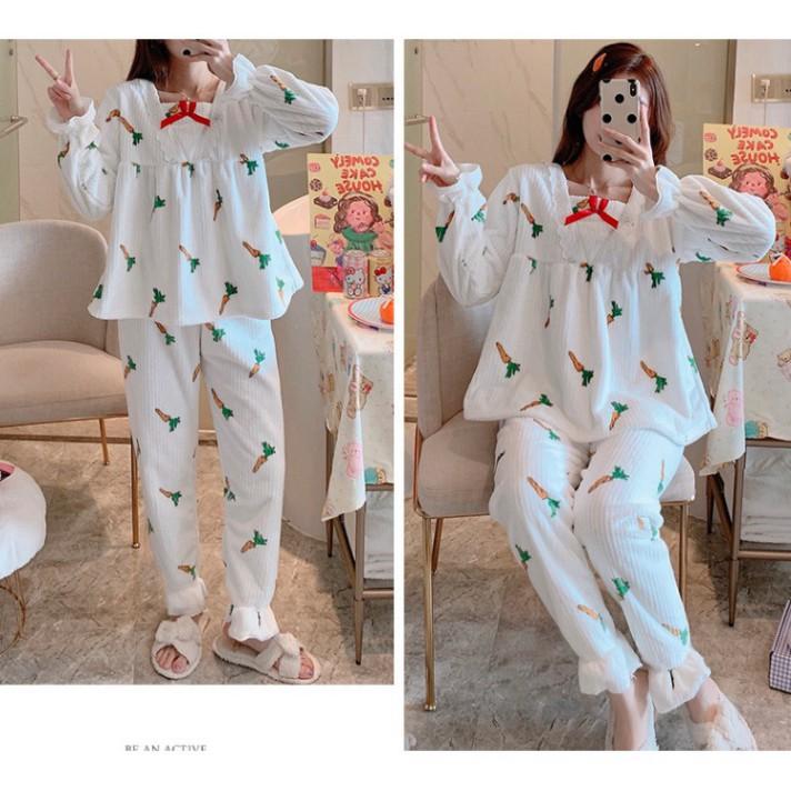Đồ Ngủ Tay Dài Thu Đông- Đồ Bộ Pijama Chất Liệu Nhung Tăm Cho Nữ Hàng Cao Cấp Xuất Hàn MSP446