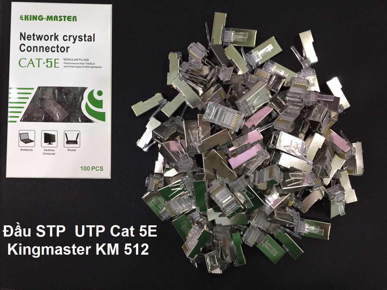 100 Đầu STP UTP Cat 5E Kingmaster KM 512,ĐẦU BẤM MẠNG CAT 5, ĐẦU CHOONGS NHIỄU, ĐẦU RJ45 BỌC SẮT-HÀNG CHÍNH HÃNG