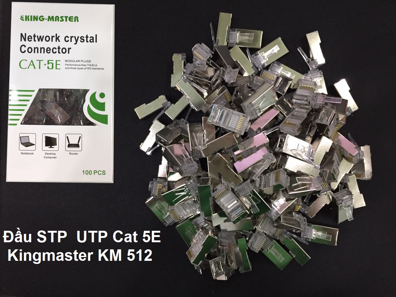 100 Đầu STP  UTP Cat 5E Kingmaster KM 512,ĐẦU BẤM MẠNG CAT 5, ĐẦU CHOONGS NHIỄU, ĐẦU RJ45 BỌC SẮT-HÀNG CHÍNH HÃNG