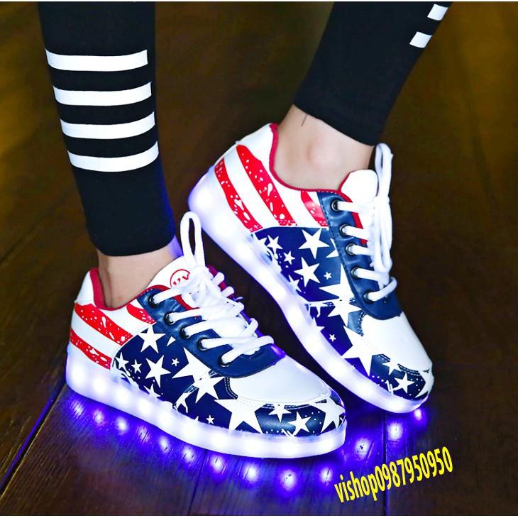 Giày Phát Sáng Đèn Led 7 Màu Mẫu Cờ Mỹ-Giày cờ Mỹ phát sáng 8 chế độ sáng 7 màu phong cách cá tính