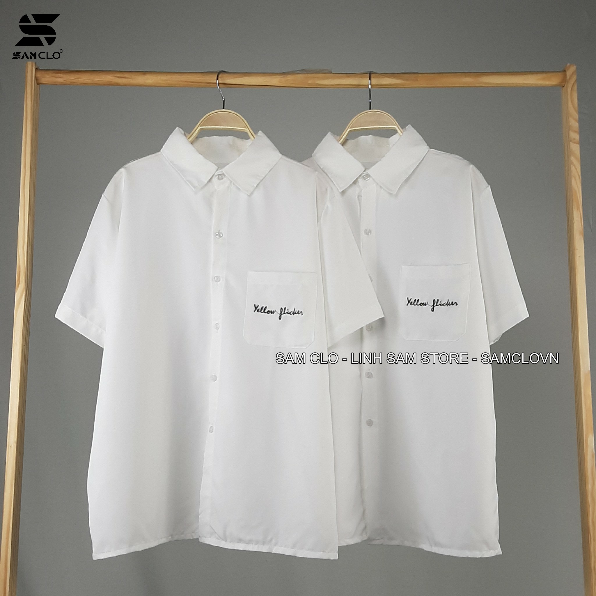 Áo sơ mi nữ cổ bẻ tay lỡ có túi dáng ulzzang freesize form rộng unisex thêu chữ YF - YELLOW FLICKER màu trắng