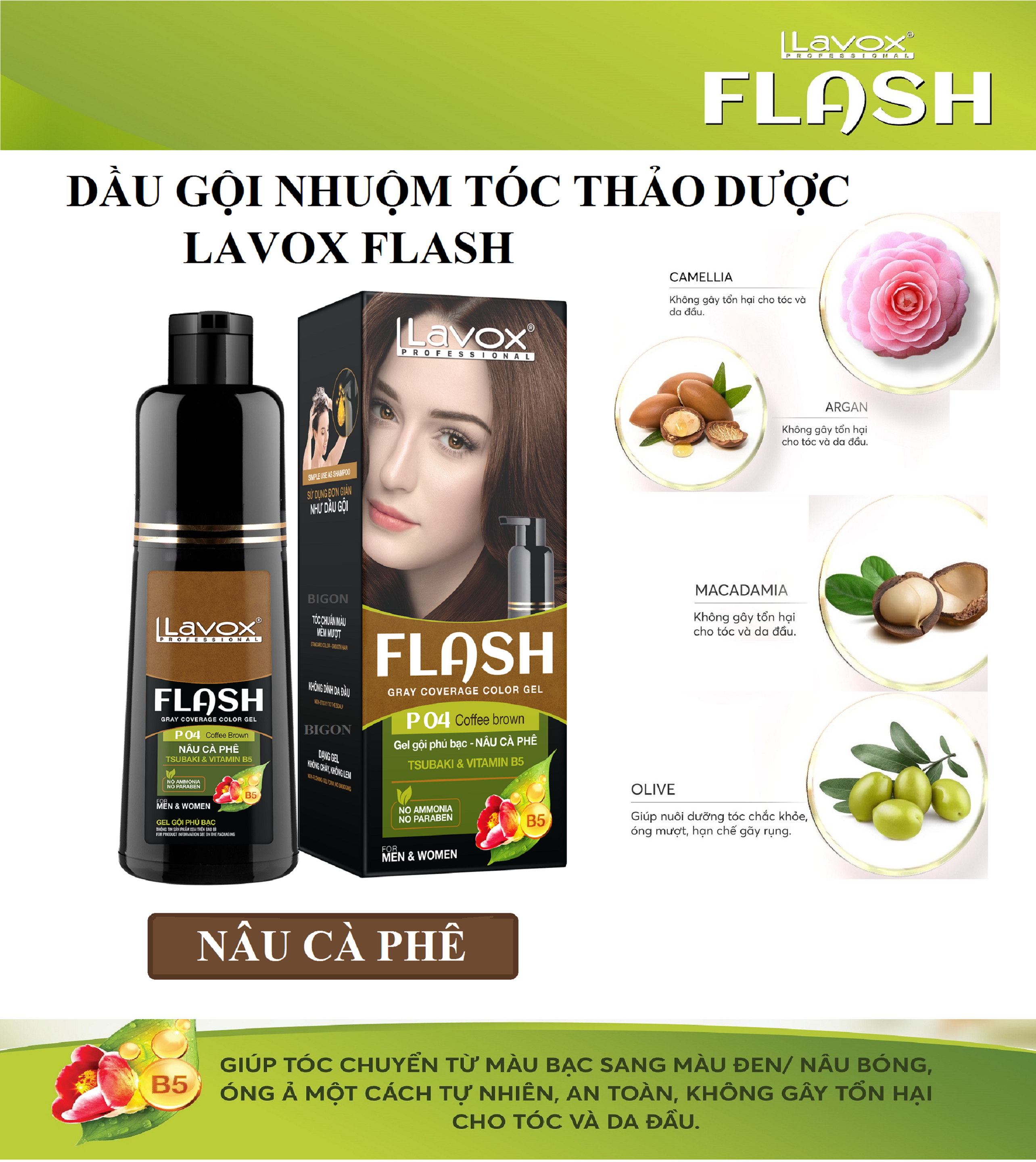 Dầu Gội Thảo Dược Nhuộm Tóc ĐEN/ NÂU PHỦ BẠC 100% SIÊU DƯỠNG LAVOX FLASH