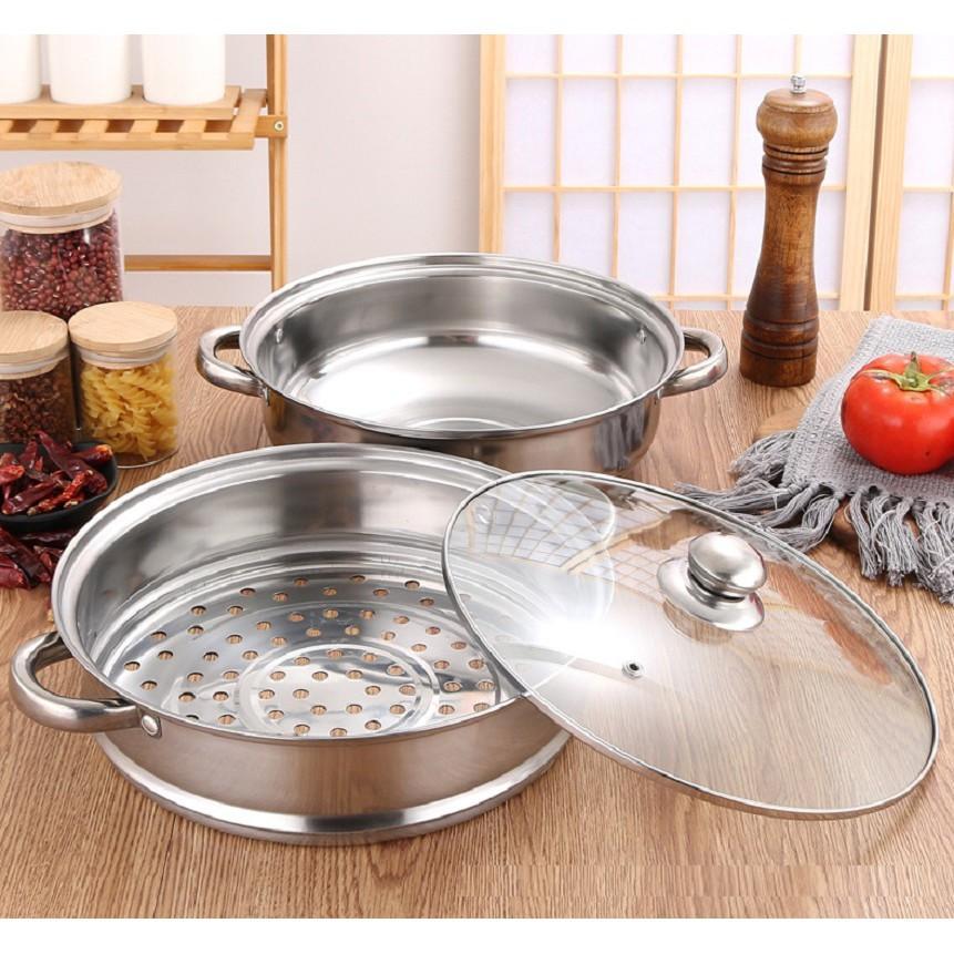 Nồi Hấp 2 Tầng Inox , Bộ xửng hấp inox 28cm - nồi hấp đa năng 2 tầng cao cấp nắp kính