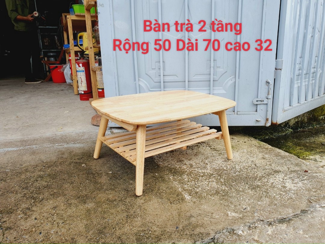 Bàn trà ô sin 2 tầng chân tròn, gỗ cao su
