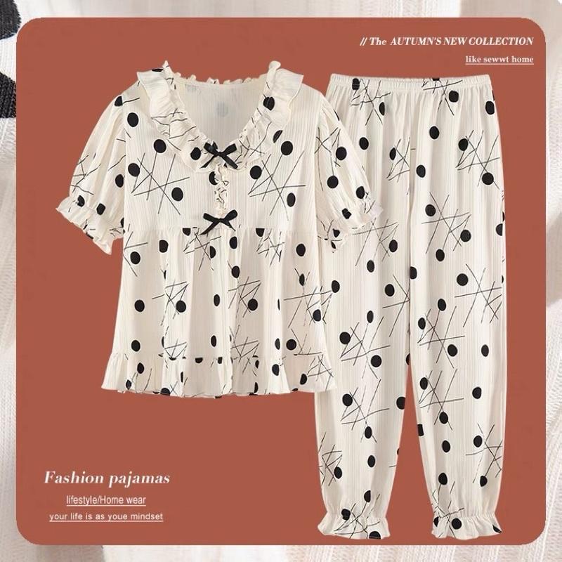 Bô Đồ Ngủ Pyjama Bèo Nơ Tay Ngắn Quần Dài Cotton Mùa Hè
